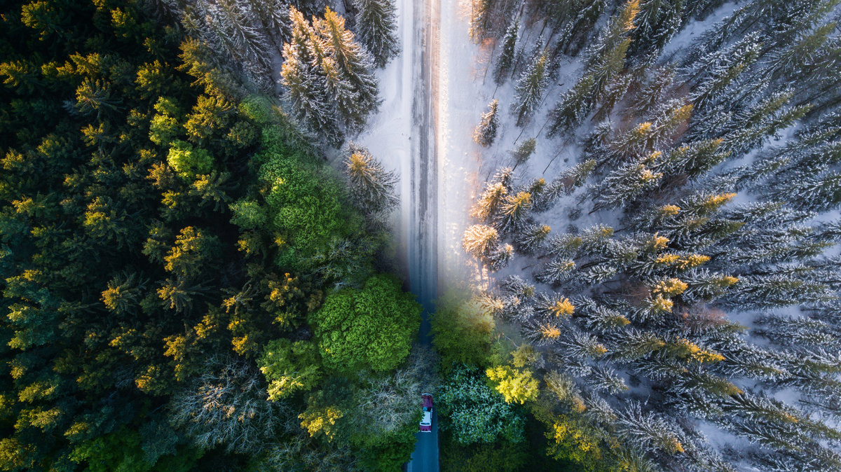 Photo composition from aerial shots showing both a summer and winter landscape as a metaphor for hybrid elements